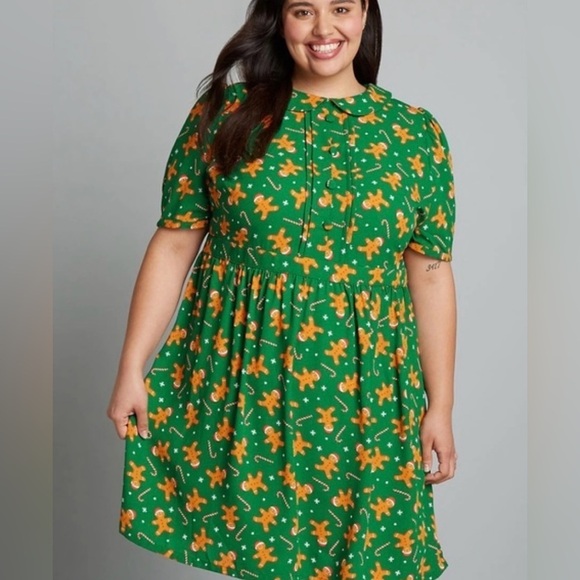ModCloth Dress Green Brown Gingerbread Print 6 Peter Pan Collar Tags Still On - Picture 1 of 16